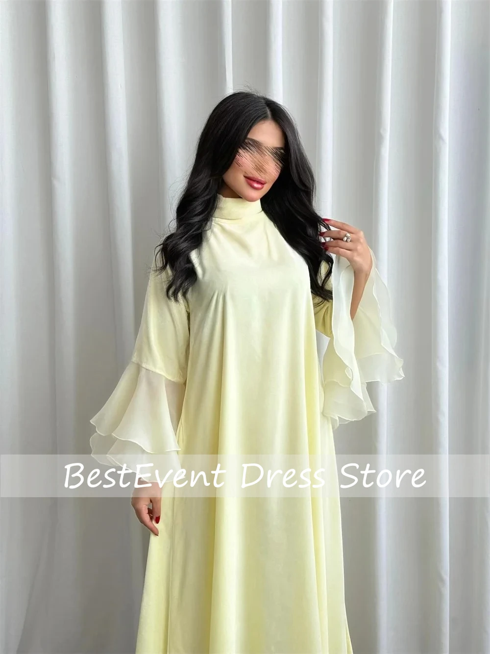 

Customized Yellow Simple Saudi Arab Jersey Pleat Ruched A-line High Collar Ankle Length Evening Dresses for Woman Casual