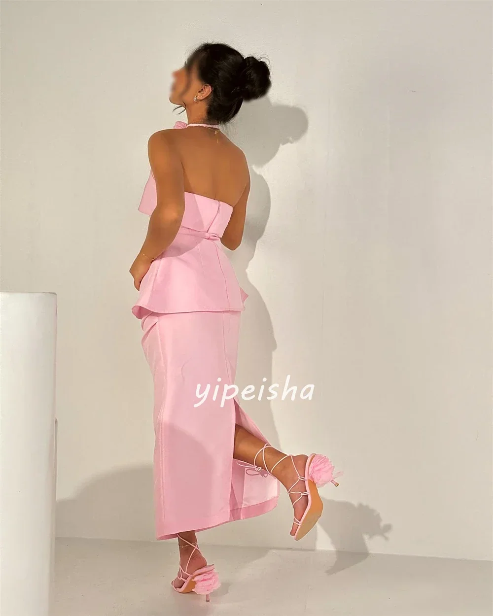 Maßgeschneiderte Preisanpassung, Jersey-Blume, gerüscht, Verlobung, A-Linie, Neckholder, maßgeschneidertes Anlasskleid, Midi-Kleider