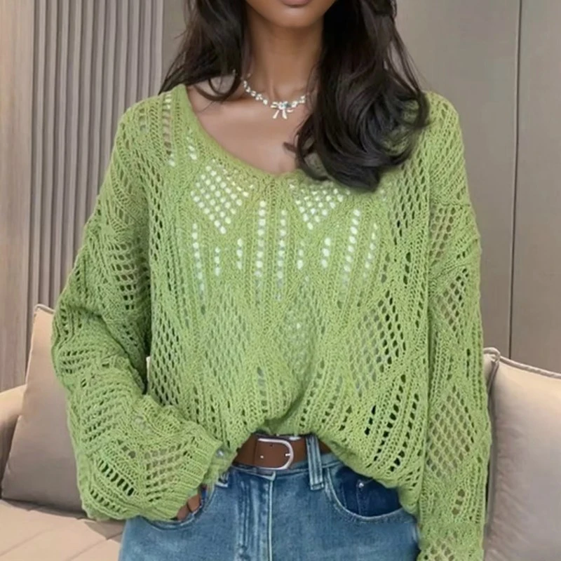 

Fashion Hollow Out Knitted Long Sleeve Women Pullover Sweater Loose Casual New O Neck Simple Covers Up Office Spring Autumn Tops