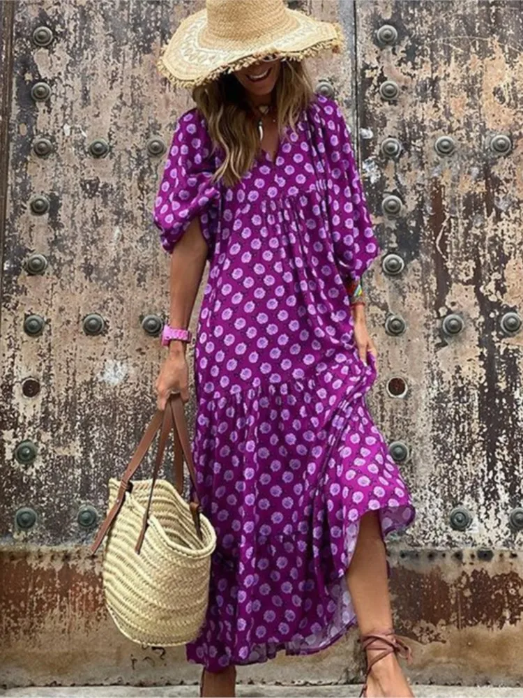 Women Boho Long Dress Vintage Elegant Fashion Print V-Neck Puff Sleeve Loose Casual Dressess Ladies Holiday Beach Party Vestidos