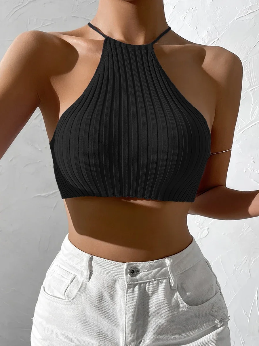 

Womwen Summer Tie Backless Crop Halter Knit Top Crossfit Y2K Crop Top Clothes Femme Sexy Casual Drawstring Cropped Beach Tank