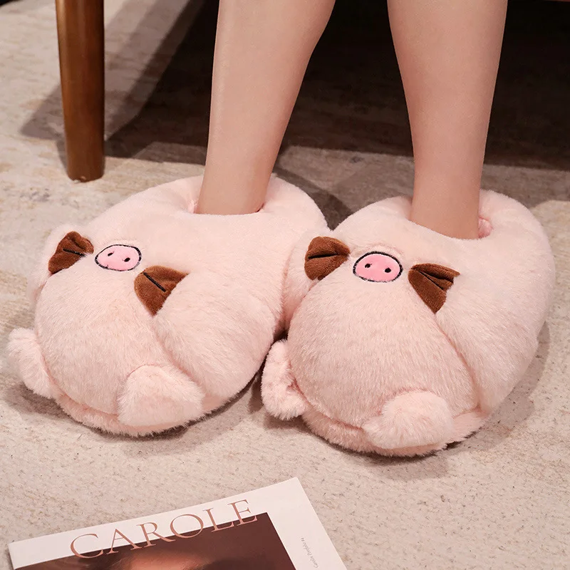 Women Home Floor Fluffy Slippers Winter Warm Shoes Cute Cartoon Animals Soft Faux Fur Couples Indoor House Bedroom Cotton Shoes