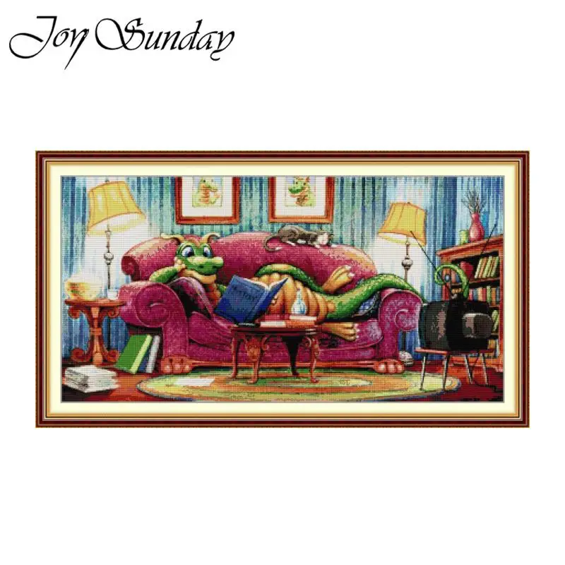 

Joy Sunday Cross Stitch Kit Leisurely Reading Aida 16/14/11CT Counted Printed Fabric DIY Embroidery Set Animal Art Crafts