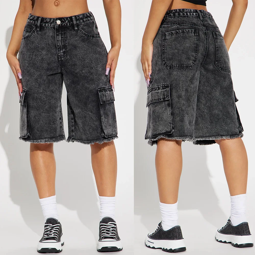 

2026 Summer Street Style Washed Raw Edge Workwear Women's Straight Denim Shorts 12219 Dress Elegant Luxury Boho Y2k、 Robe