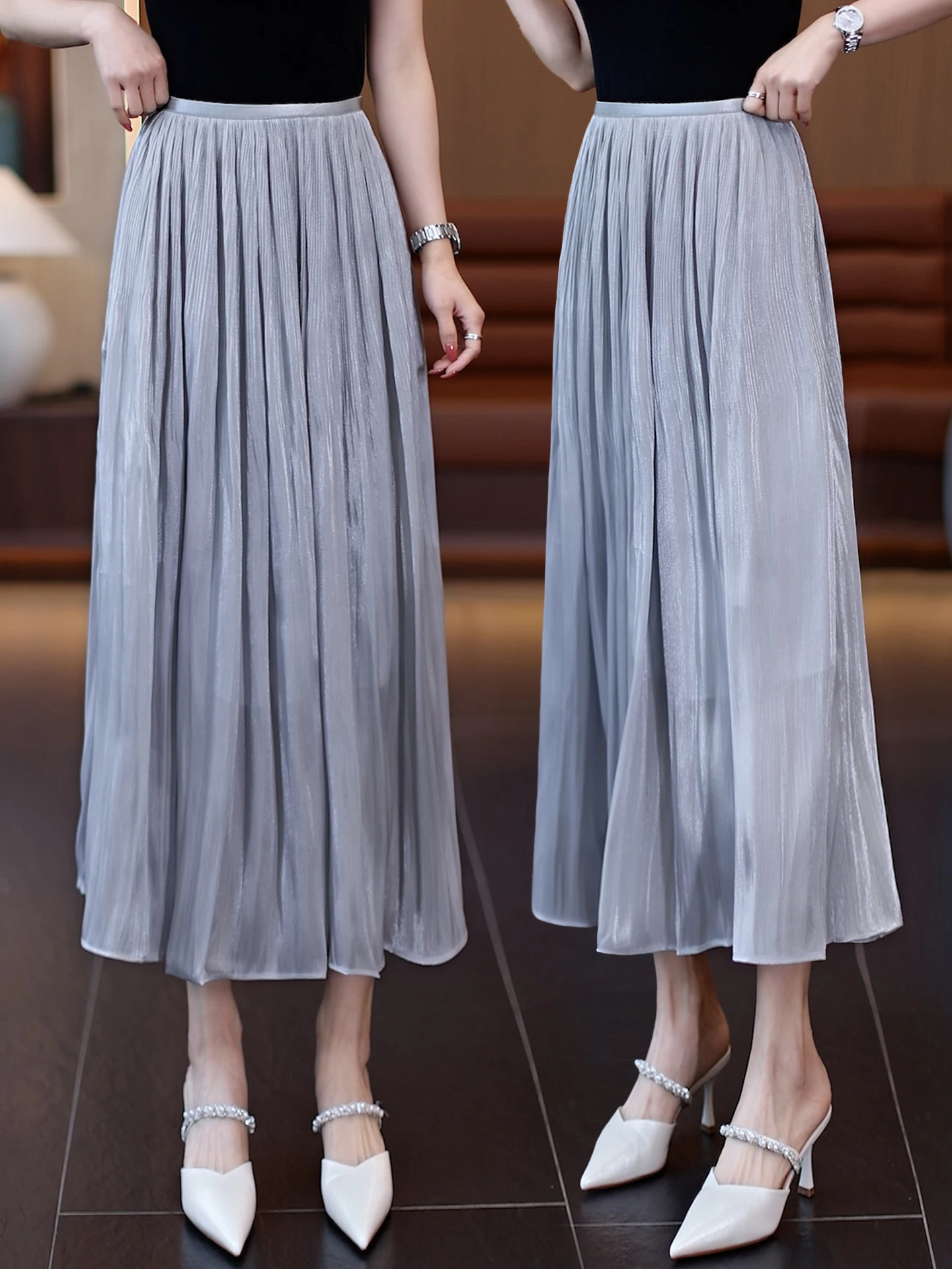 

Glimmering Tulle Half-length Skirt Women's Summer Thin Elastic High-waist A-line Long Slimming Umbrella Skirt Casual Wear