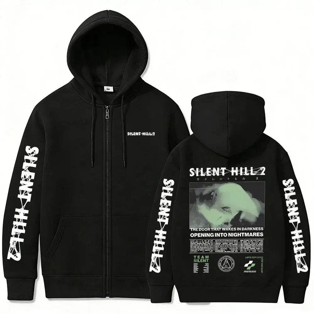 Game Silent Hill Zipper Hoodie Men Women Casual Retro Horror Zip Up Jacket Men's Fleece Cotton Oversized Zip Up Sweatshirt Coat