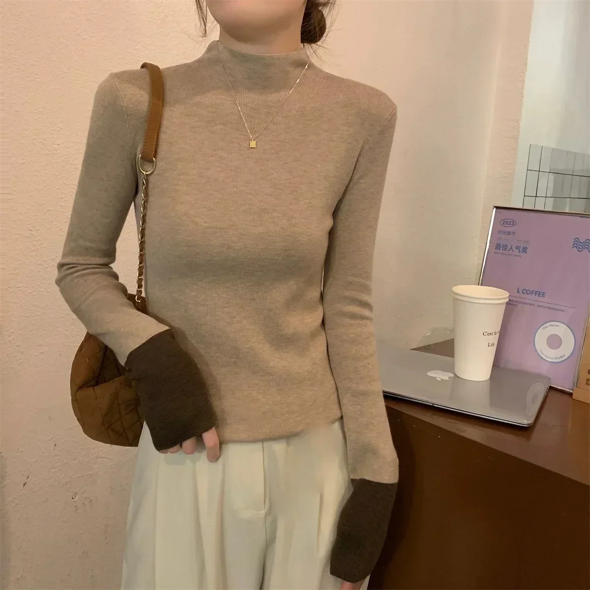 half turtleneck knit sweater women\'s new autumn and winter advanced sense slimming western-style base shirt with top