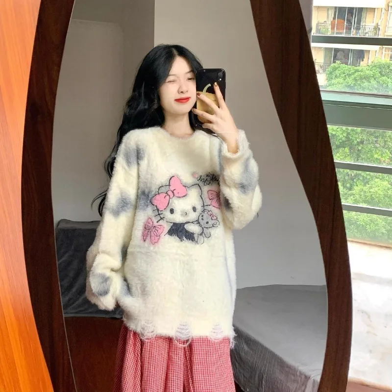 

Sanrio Hello Kitty Sweater Kawaii Sanrioed Anime Loose Retro Age-Reducing Knitting Tops Y2K Hot Girl Student Cute Loose Sweater