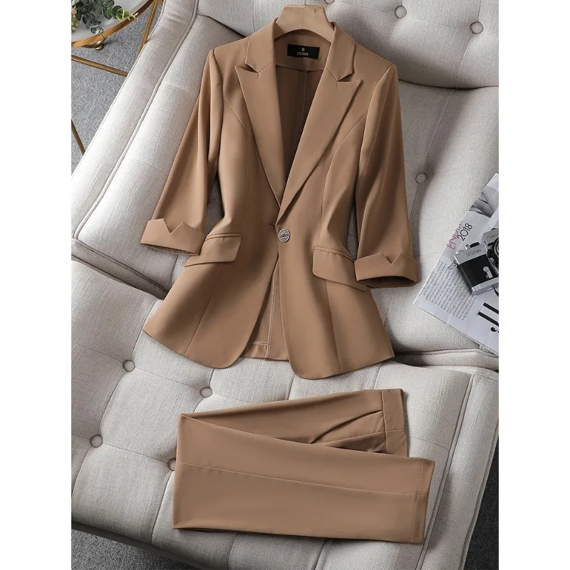 Summer Women Pant Suit Business Coat Work Wear Pink Blue Khaki Black Office Ladies Half Sleeve Blazer+Trouser Formal 2 Piece Set