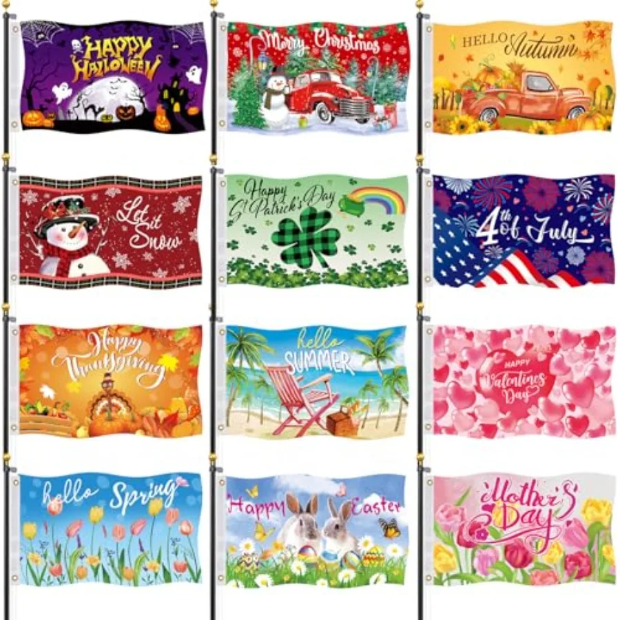 Seasonal Garden Flags Set of 12-3x5 ft Large Outdoor Yard Flags for All Seasons, Fall, Winter, Halloween, and Christmas - Holid
