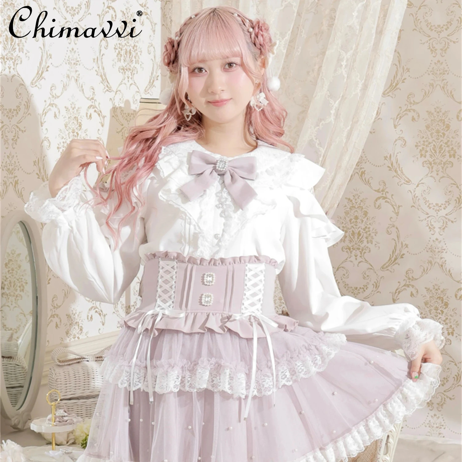 Blusa bonita de chica Lolita, otoño 2021, estilo japonés, nueva serie Mine, hombros descubiertos, manga larga, lazo de encaje, camisa dulce para niñas