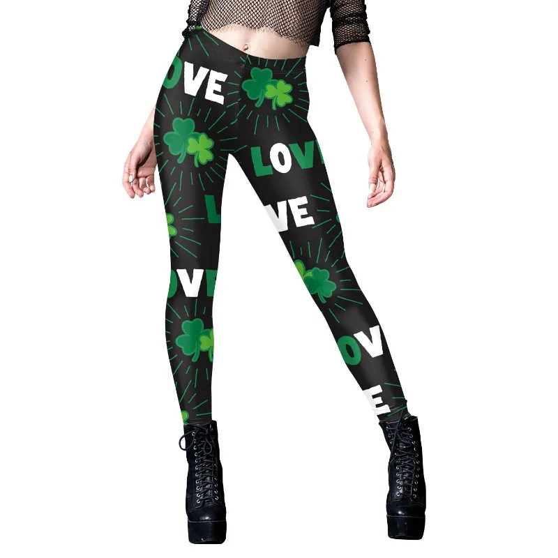 Women Green Shamrock Clover Printed Leggings High Waist Elastic Slim Fit St. Patrick's Day Holiday Party Pants