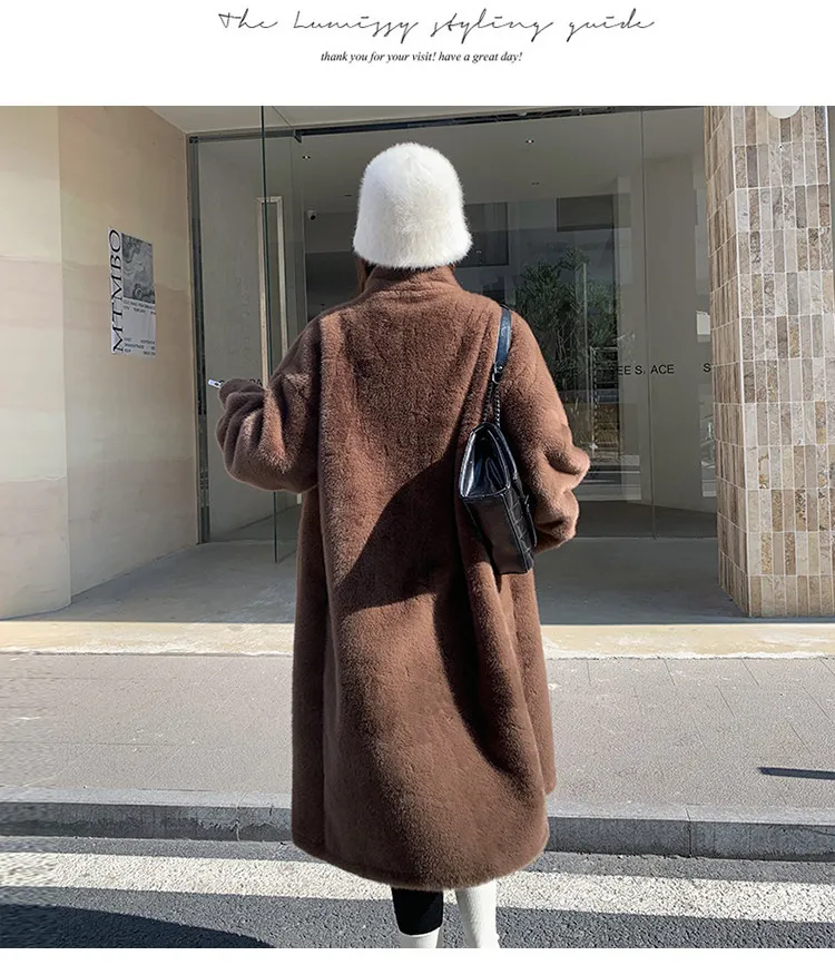 Women's Thick Faux Mink Fur Mid-length Coat Autumn Winter Fashion Stand Collar Plush Outerwear Women Elegant Warm Fluffy Jackets