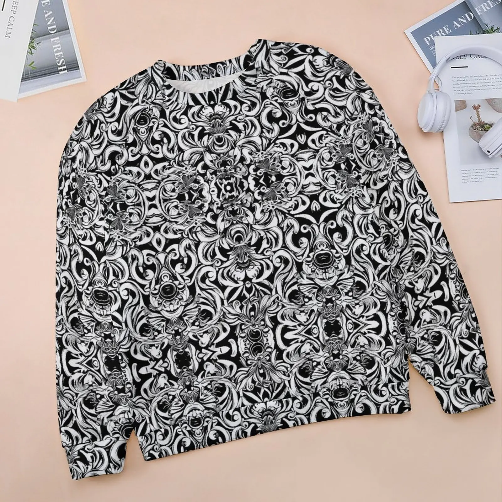 Baroque Print Hoodies White Floral Streetwear Oversize Hoodie Female Long Sleeve Y2k Design Casual Tops