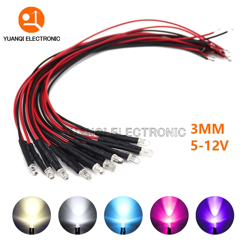 10PCS 3mm LED 5-12V 20cm precablato bianco rosso verde blu giallo UV RGB diodo lampada decorazione diodi emettitori di luce pre-saldati