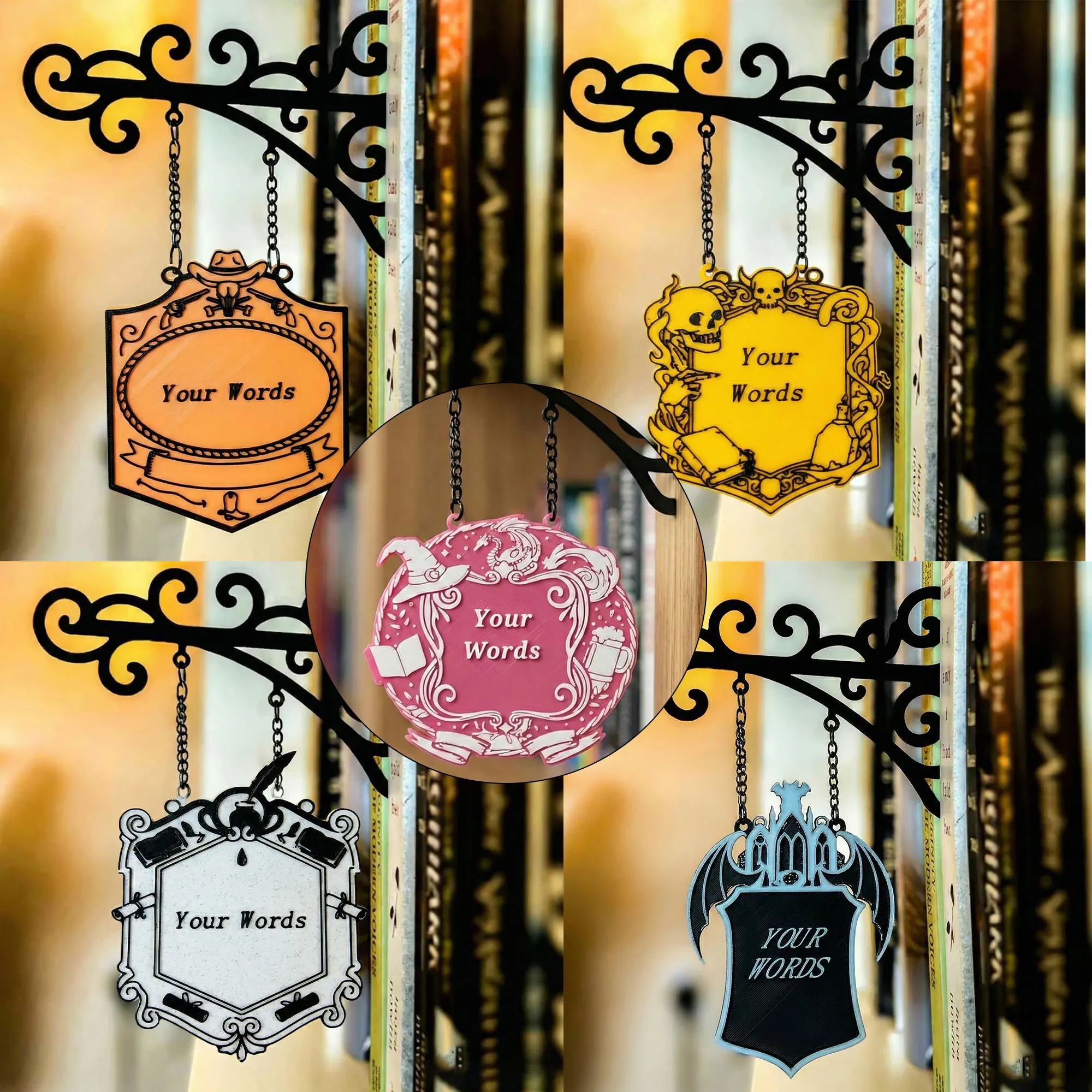 Señales de taberna de rincón de libros personalizables, etiquetas de estante de género con soportes colgantes, decoración de rincón de libros de estilo taberna, carteles de estantería