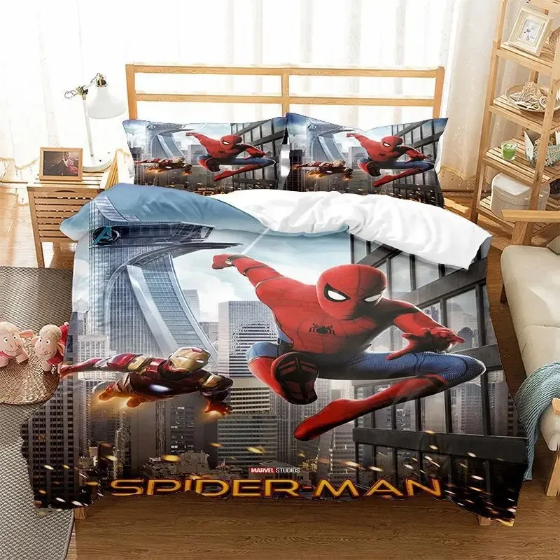 Disney Spider-Man Cartoon Duvet Cover Pillow Case, Bedding Set Superhero Print Boy and Girl Duvet Cover Three-Piece Set