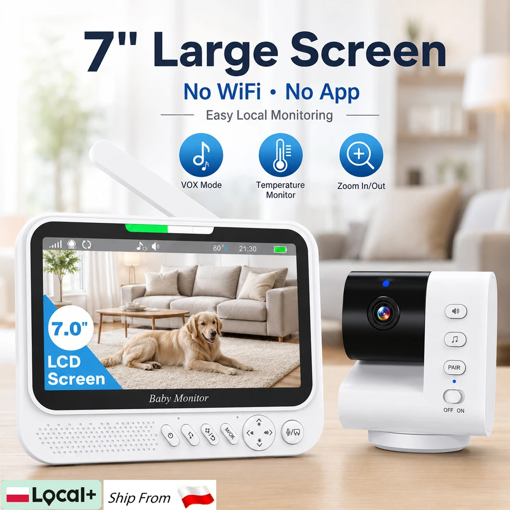 7,0 Zoll Großbildschirm Video-Babyphone mit 360°-Drehfunktion °   Schwenk-Neige-Zoom-Kamera mit 4-fachem Zoom, automatischer Verfolgung, Zwei-Wege-Audio, Nachtsicht, Sicherheits-Babysitter-Funktion,