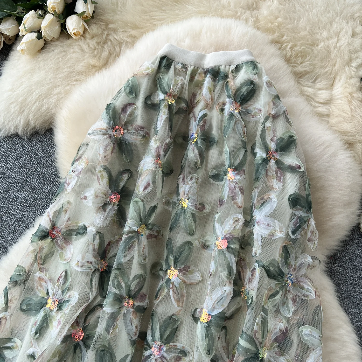 Autumn Winter Flower Embroidery Sequin Mesh Midi Skirts Women 2026 Korean Style Fashion Elegant High Waist Faldas