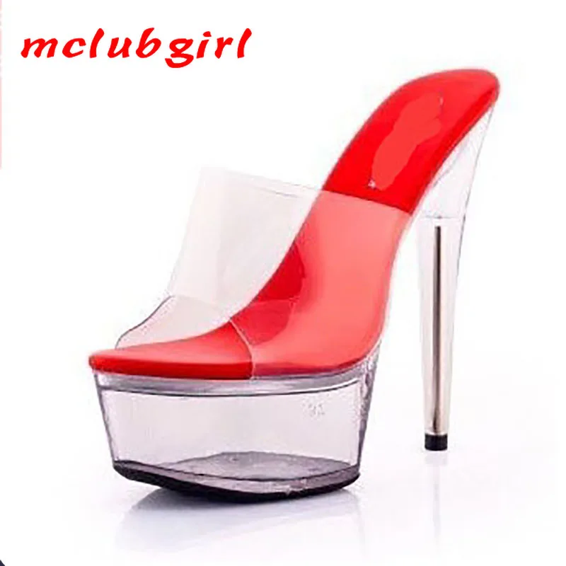 Mclubgirl 34-43 Summer Sexy Super High Heels 15CM Stiletto Waterproof Platform Sandals Transparent Crystal Wedding Shoes LFD