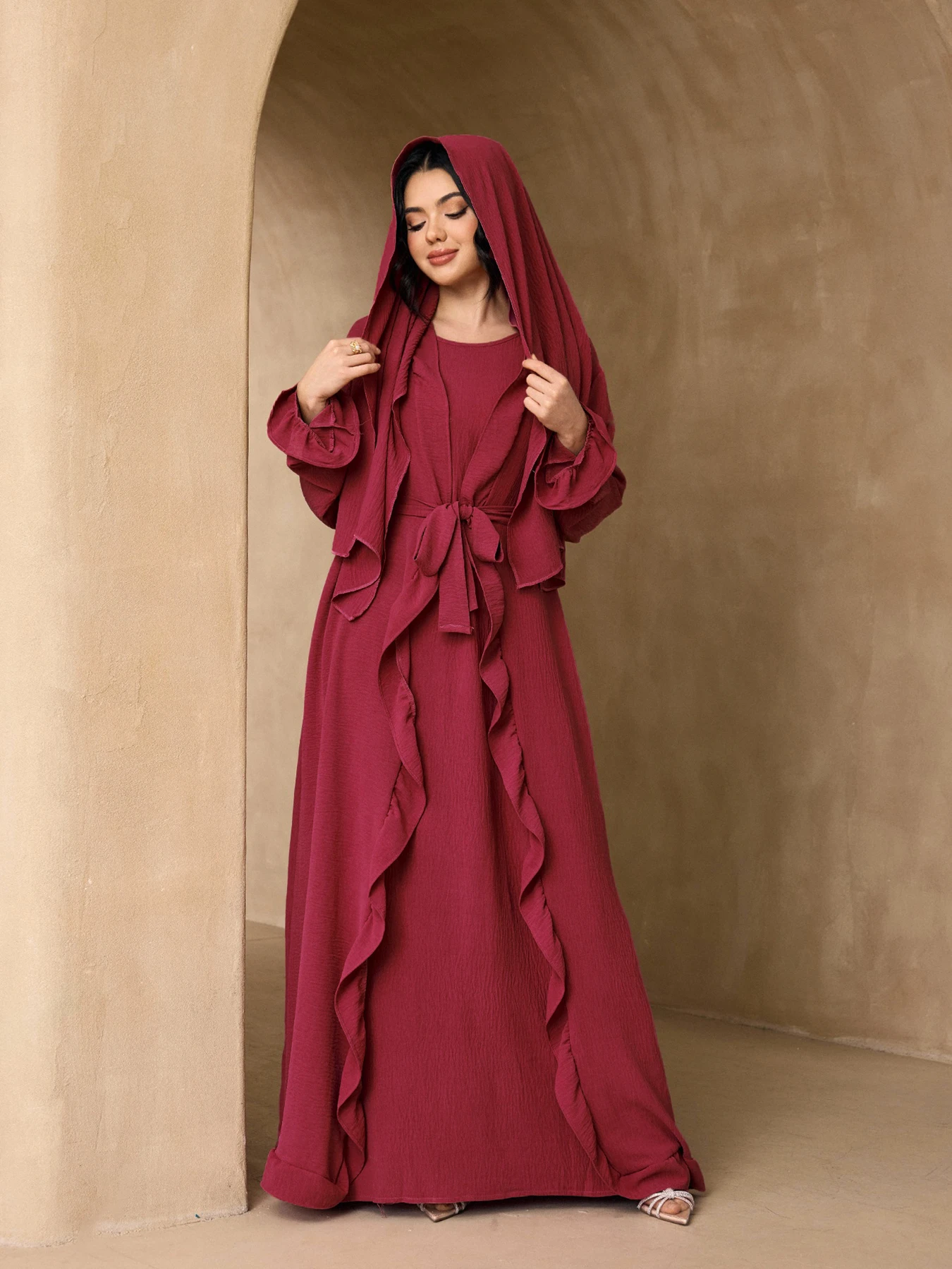 

Casual Contrast Piping Flare Sleeve Abaya Dress, Self Belt Modest Plain Maxi Gown For Muslim Women Daily Party Eid Wear
