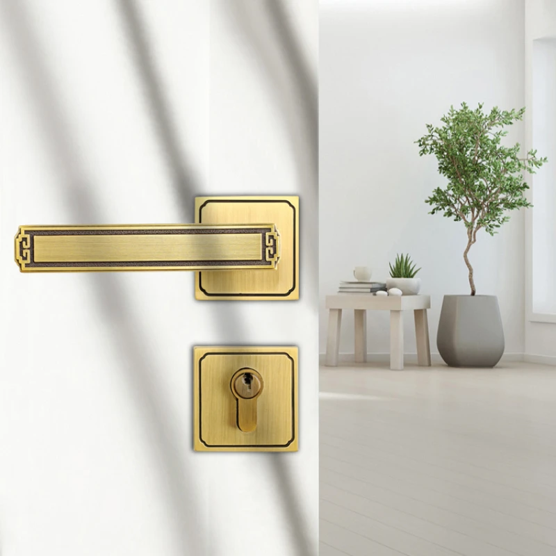 Home all copper lock new Chinese style indoor bedroom wooden door handle room brass silent set