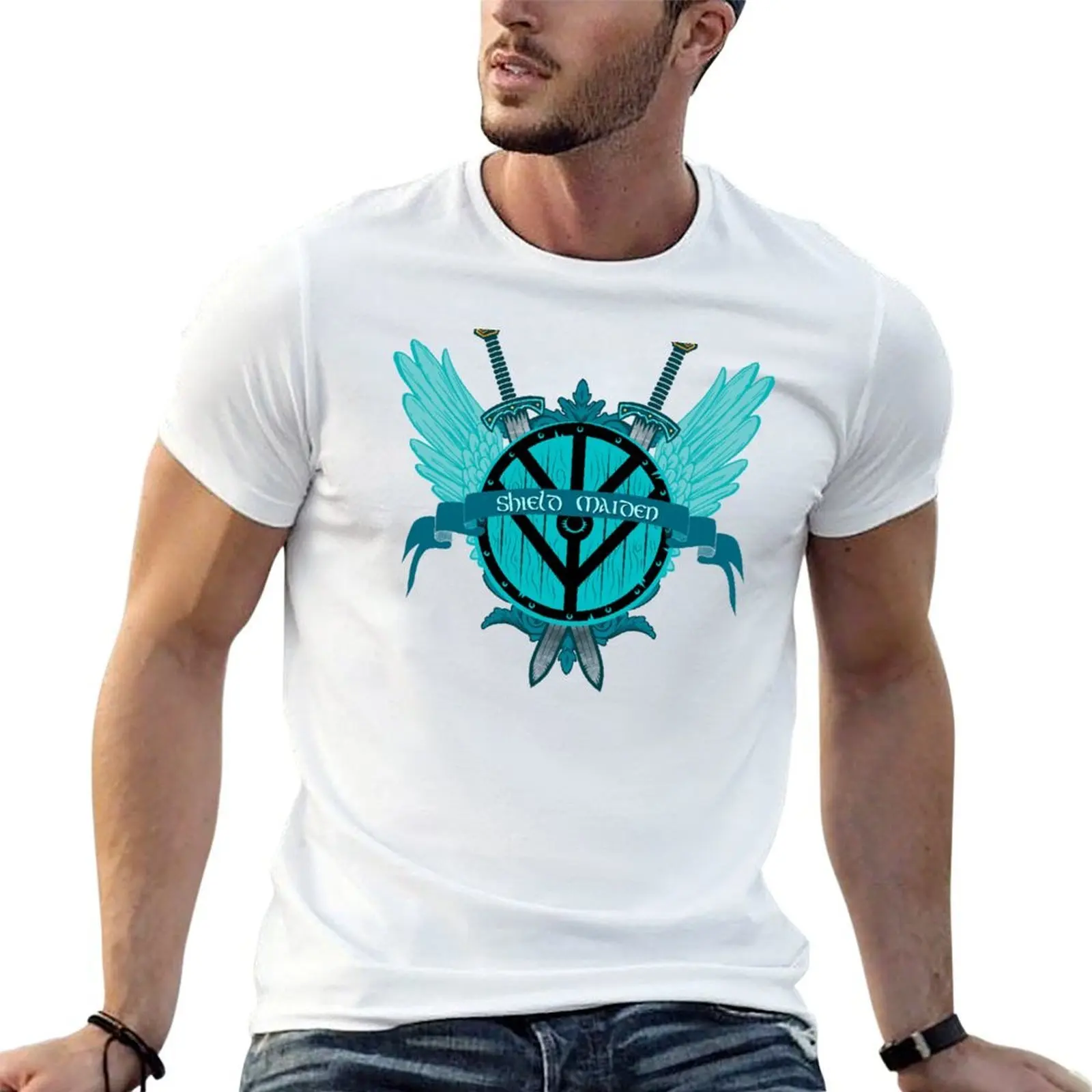 Shield Maiden Badass Warrior Woman Winged Teal Viking Shield T-Shirt anime stuff kawaii clothes black t-shirts for men