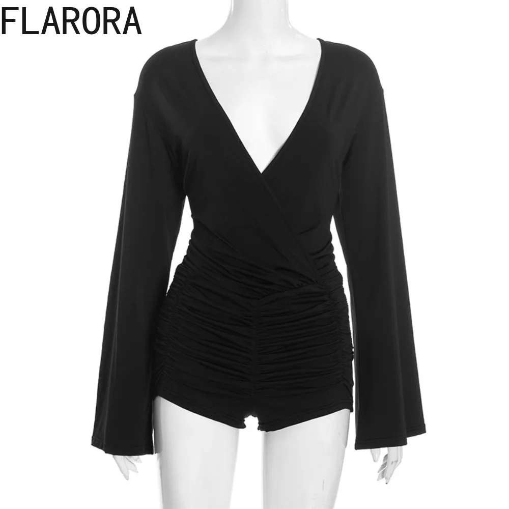 FLARORA 우아한 홀터 백리스 롬퍼 여성 단색 딥 V넥 레이스업 풀 슬리브 플레이수트 패션 스트리트웨어 오버올