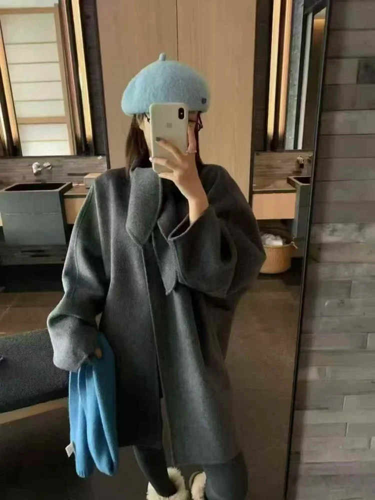 

Double-Sided Woolen Rabbit Ear Collar Scarf Women's Mid-Length Coat Gentle Sle Korean College Sle Outerwear Thiened Win...