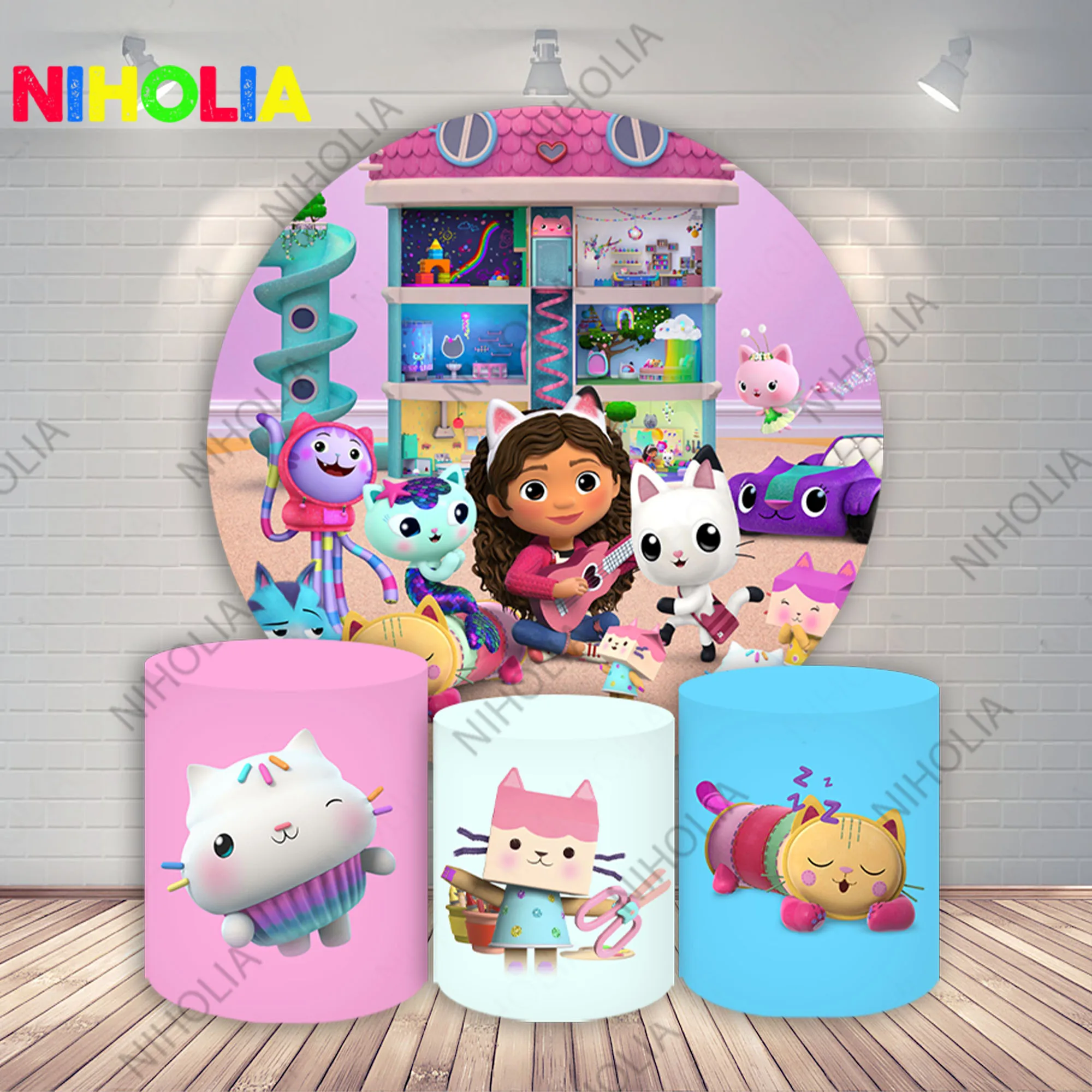 Niholia Gabby\'s Dollhouse Round Background Cat Cylinder Cover Kids Birthday Party Baby Baptism Decoration Photography Background