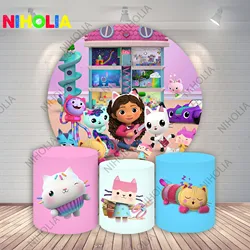 Niholia Gabby's Dollhouse Round Background Cat Cylinder Cover Kids Birthday Party Baby Baptism Decoration Photography Background