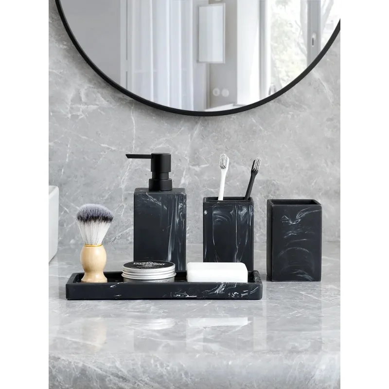 Bathroom Accessories Vanity Countertop Accessory Set Marble Look Lotion Dispenser Tumbler Toothbrush Holder Tray