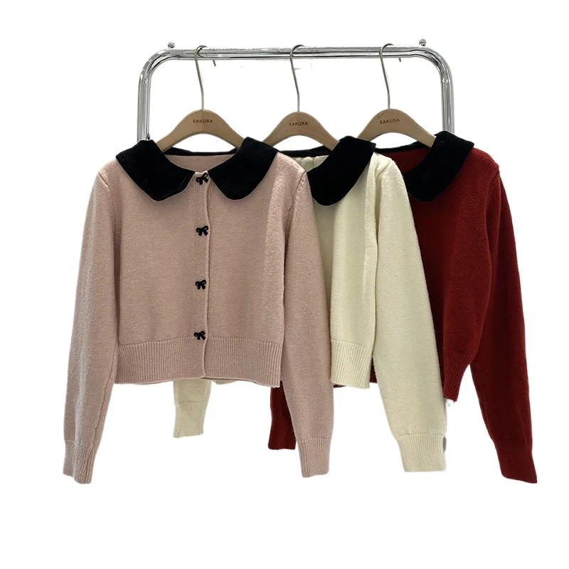 

Korean Velvet Contrasting Color Peter Pan Collor Sweater Women's Bow Single Breasted Knitted Short Cardigan Long Sleeved