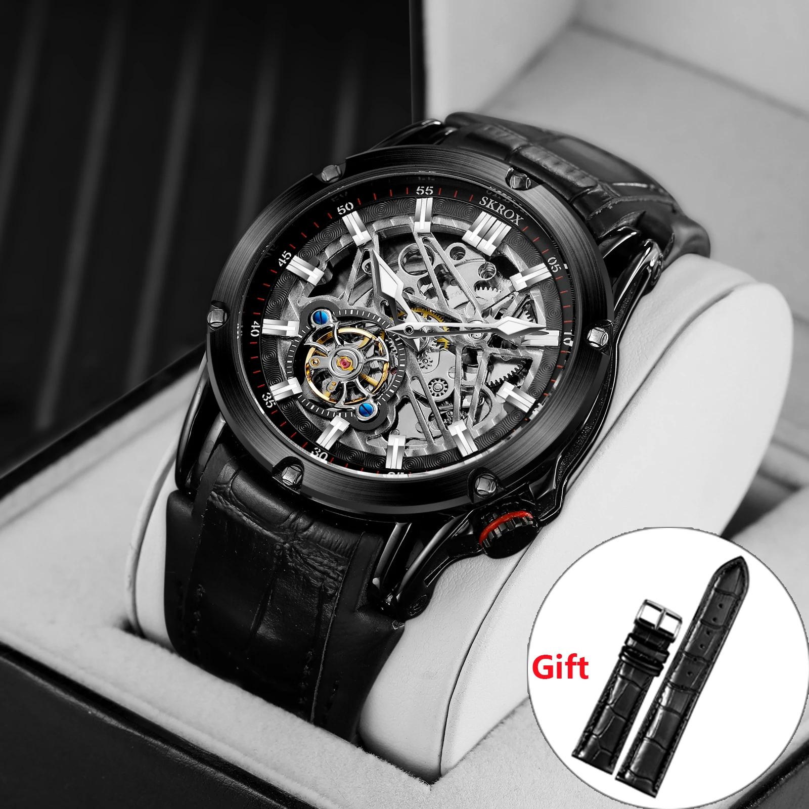 

SKROX High Quality Stainless Steel Skeleton Automatic Movement Man Watch Mechanical Military Waterproof Men's Wristwatches Clock