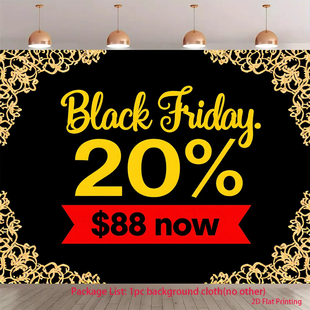 Black Friday Sale Tapestry, Gold Floral Border Wall Hanging, Promotional Event Banner Decor for Shop Party Background