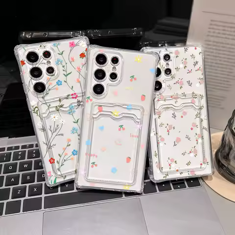 Card Holder Phone Case For Samsung Galaxy S25 Ultra S24 FE S23 Plus S22 A06 A05s A05 Silicone Soft Shockproof Flower Funda Cover