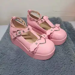 Woman Lolita Mary Jane Shoes Platform Cute Kawaii Elegant Casual Leather Wedges Pink Designer Dress Fashion Round Toe Plus Size