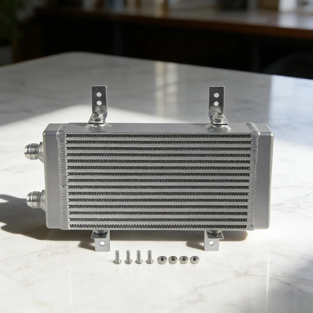 

Universal Small Bar & Plate Oil Cooler – Dual Pass / Single Cross Flow (Silver & Black)