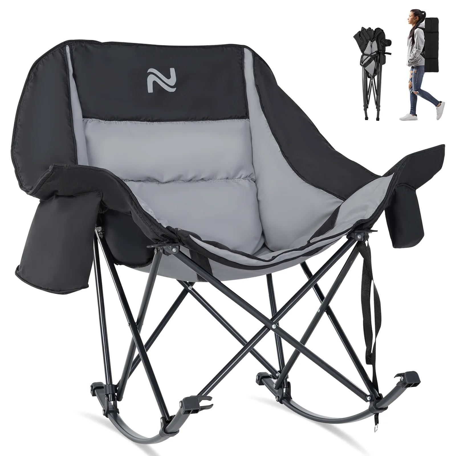 Oversized Rocking Camping Chair, Fully Padded Patio Chair with Cooler Bag and Side Pocket, Patio, Supports 400 lbs