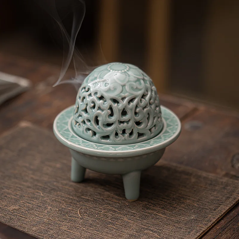 Celadon Interlocking Lotus Ceramic Incense Burner Antique Sandalwood Censer Zen Decor Household Tea Table Ornament