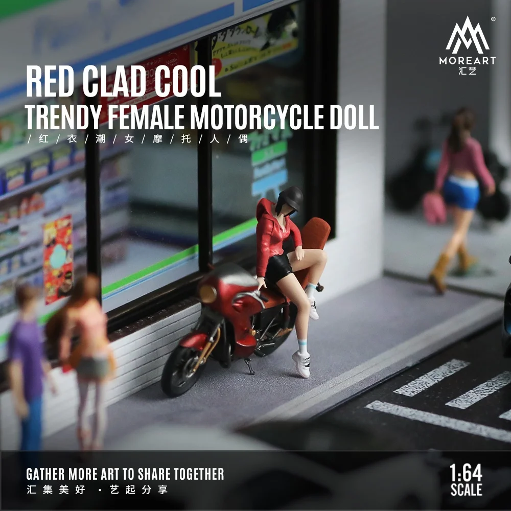 Mais arte 1:64 vermelho folheado legal na moda feminino motocicleta boneca conjunto modelo para exibição & coleção & presente