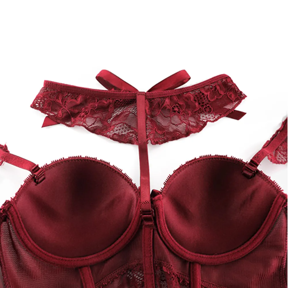 Varsbaby Sexy Spitzenkorsett Body Shapewear Set Damen Bustier mit Hosenträgern Strümpfe Halsband 4 Stück Body Shaper Dessous – Detail 10