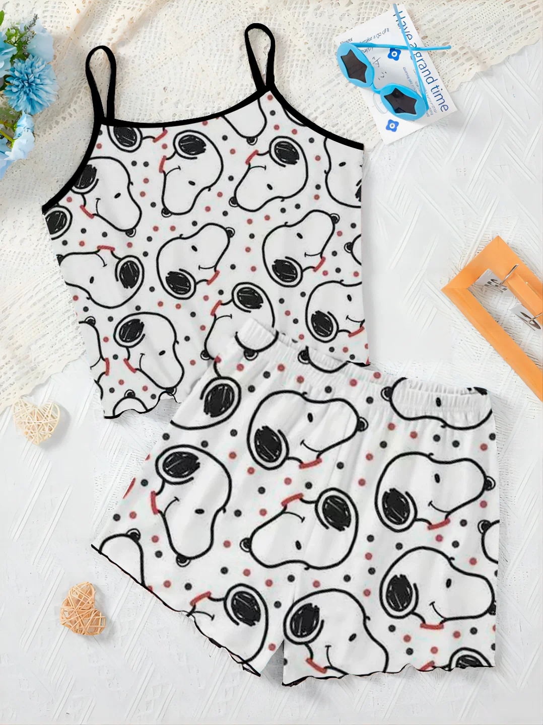 Disney Two Piece Set Elegant Women's Sets Home Dress T-shirt Top Lettuce Trim Snoopy Pieces Short Suit Bottom Disney Slip Dress