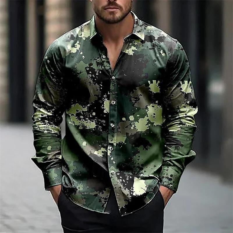 2025 Men's Shirt Summer Shirt Casual Shirt Army Green Long Sleeve Camouflage Lapel Button Clothing Polyester Fashion Casual 6XL