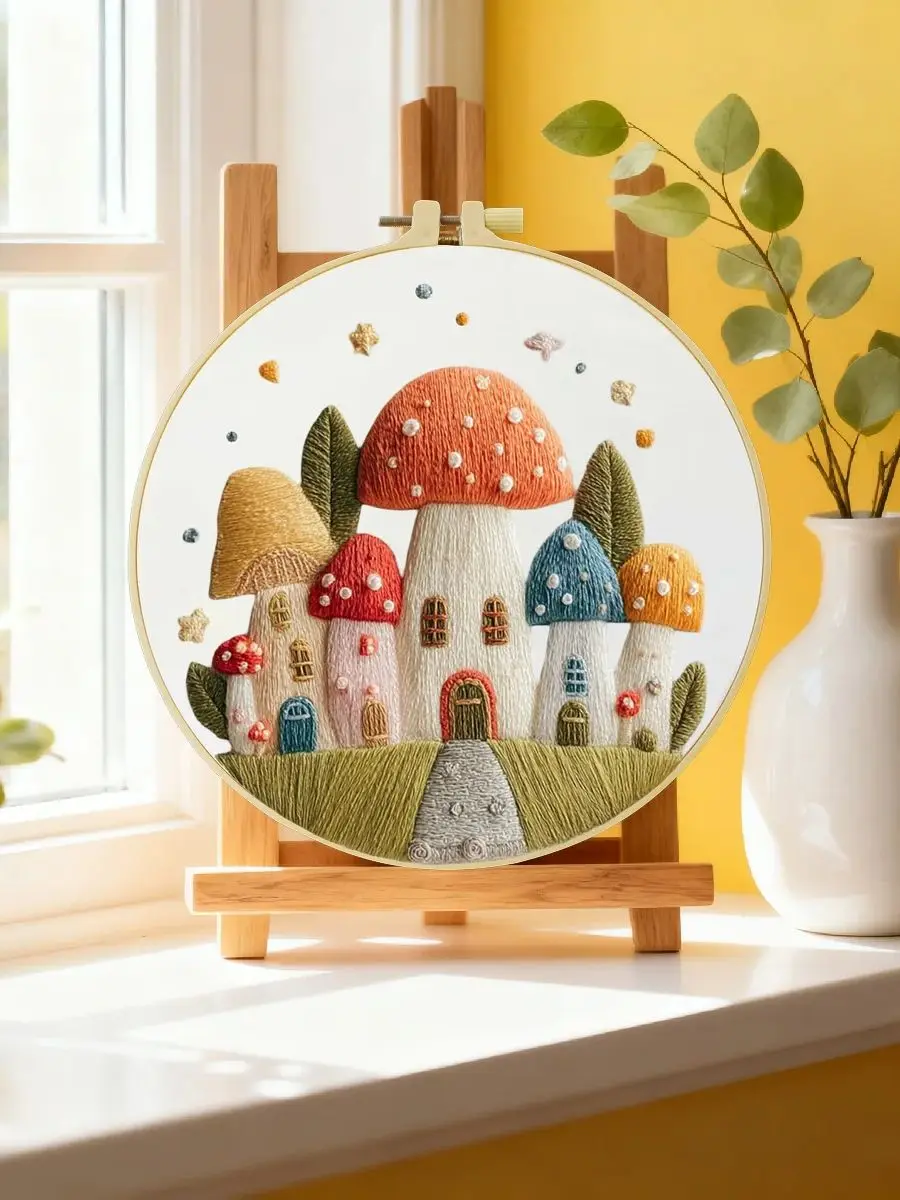 1 Stück 20X20CM/15X15CM 7,87/6,3 Zoll Pilzhaus Stickerei Starter-Kit DIY-Kit DIY-Stickerei-Set Handarbeiten Nähkunst – Detail 6