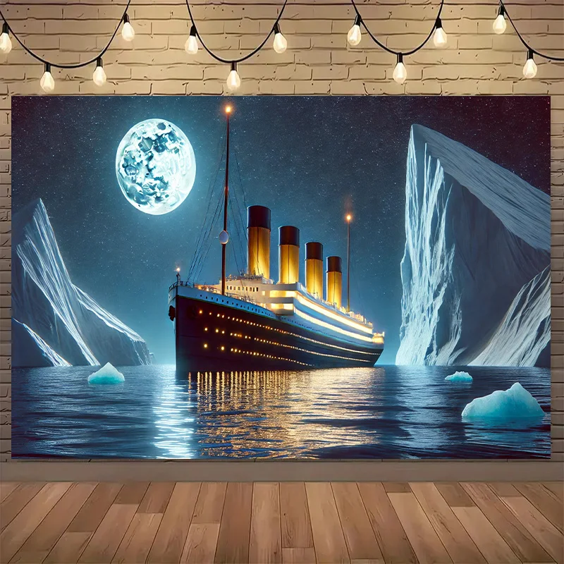 Titanic Ship Iceberg Moonlight Tapestry Movie Scene Wall Art Night Sea Drama Historical Vessel 2D Flat Hanging Cloth Home Cinema