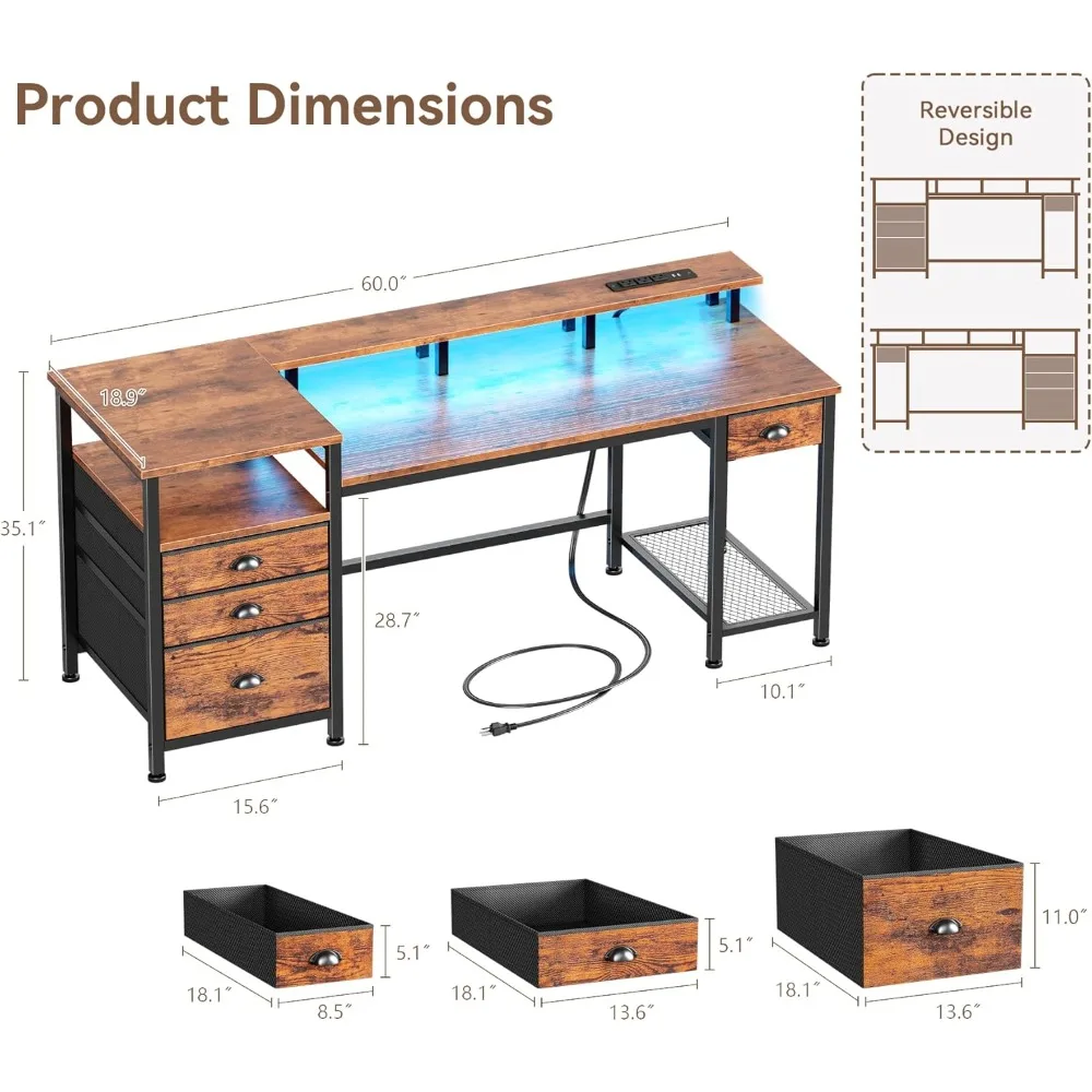 مكتب ألعاب مضاء بإضاءة LED مع 4 أدراج ومنافذ USB ومساحة طابعة للاستخدام المنزلي والمكاتب