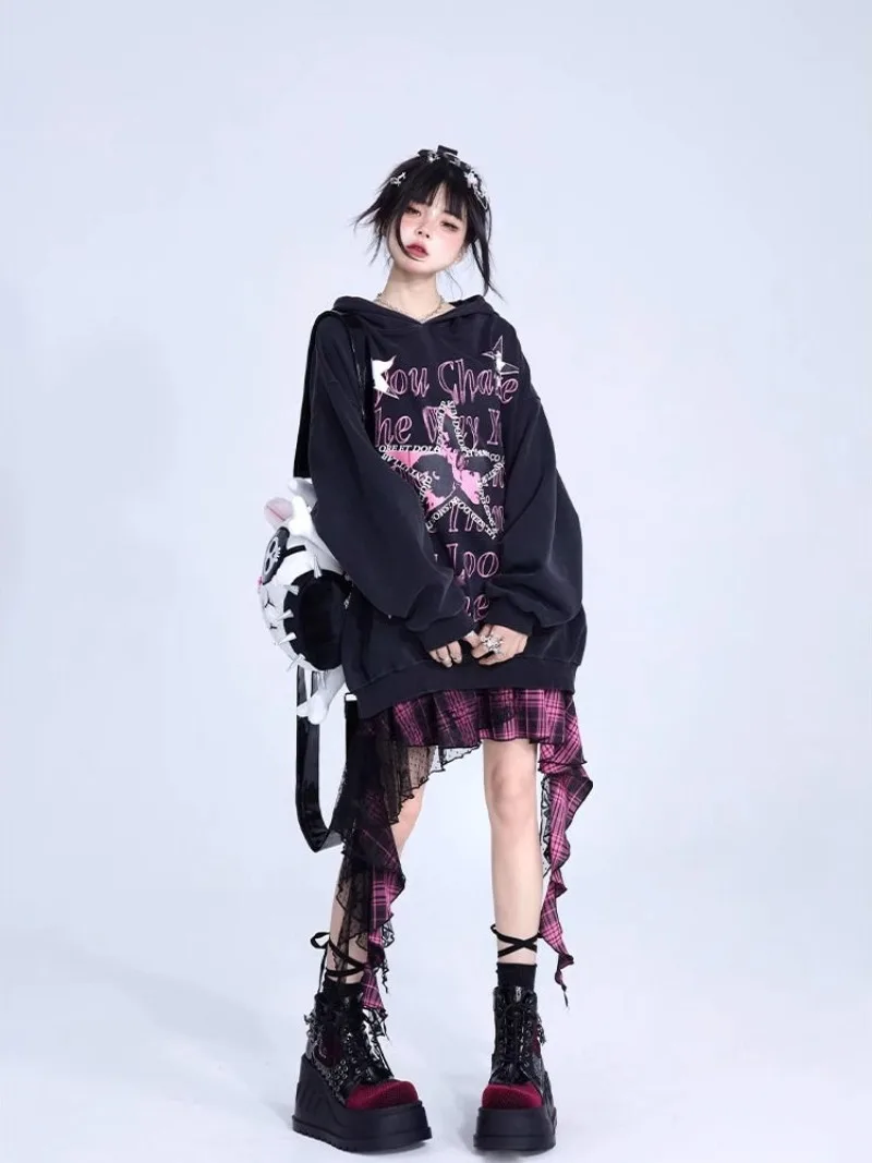 

Spring Autumn Loose Hoodie Women Y2k Aesthetic Sweatshirt Harajuku Gothic Star Print Vintage Hoody Streetwear Pullover Clothes