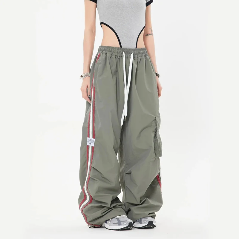 Y2K Stripe Cargo Pants Women High Waist Chic Drawstring Pockets Wide Leg Punk Pants Baggy Streetwear Sports Jogger Trousers