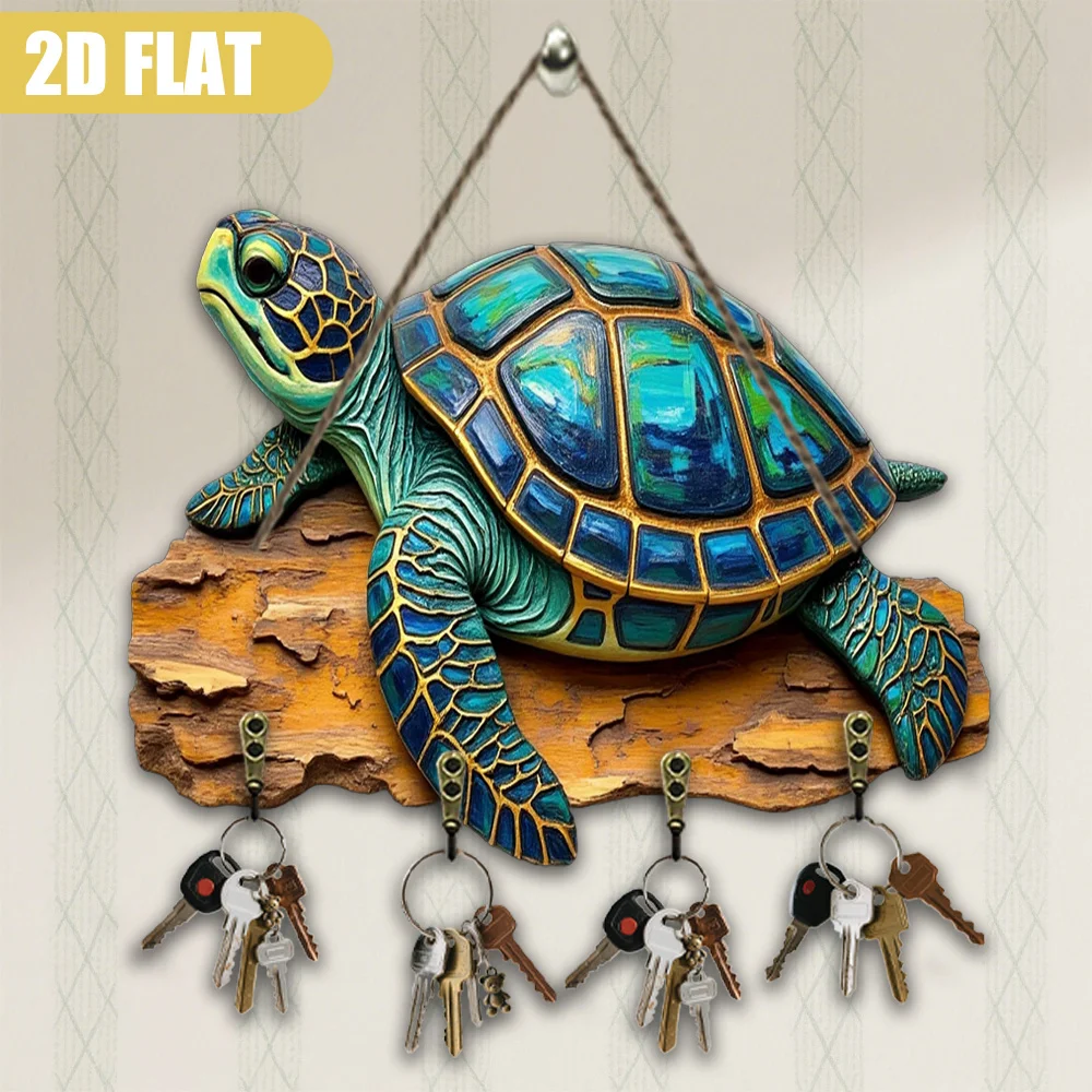 Escultura artística de pared de tortuga marina de belleza oceánica plana 2D - Colgador de llaves de madera rústica con 4 ganchos, 9,06 x 11,81 pulgadas, multifuncional